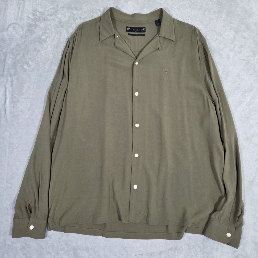 AllSaints Venice Camp Shirt Mens XL Relaxed Green Ramskull Viscose LS Button Up